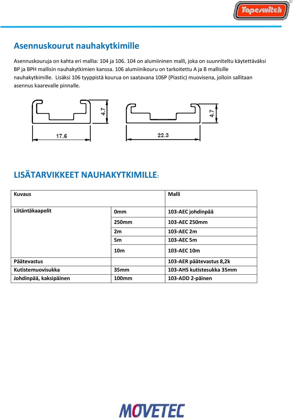 106 alumiinikouru on tarkoitettu A ja B mallisille nauhakytkimille.