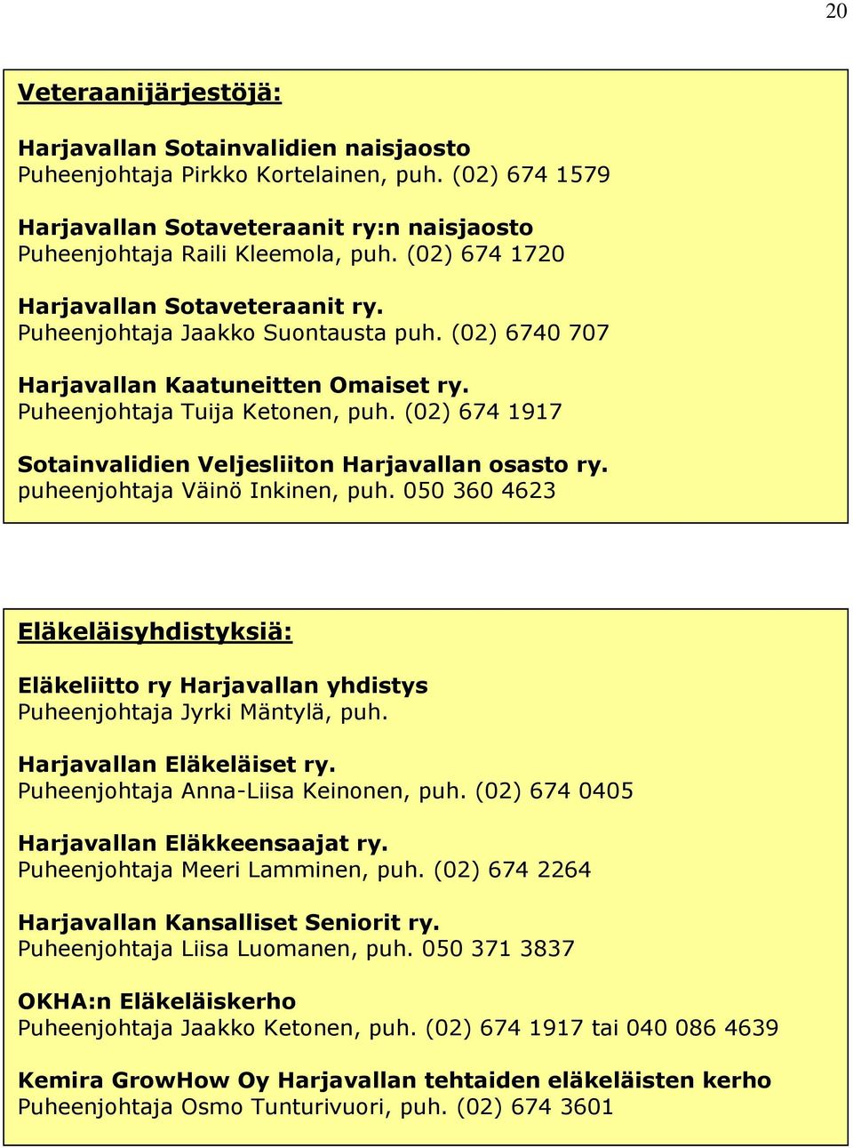 (02) 674 1917 Sotainvalidien Veljesliiton Harjavallan osasto ry. puheenjohtaja Väinö Inkinen, puh.