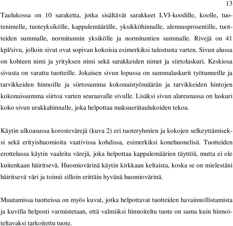 Sivun alussa on kohteen nimi ja yrityksen nimi sekä sarakkeiden nimet ja siirtolaskuri. Keskiosa sivusta on varattu tuotteille.
