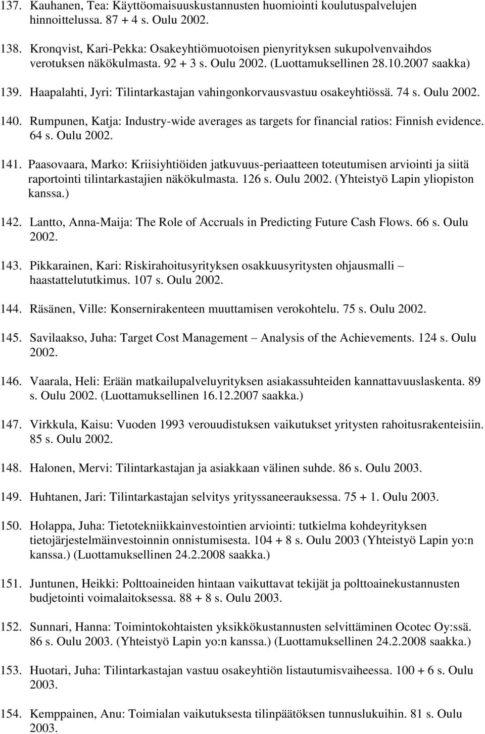 Haapalahti, Jyri: Tilintarkastajan vahingonkorvausvastuu osakeyhtiössä. 74 s. Oulu 2002. 140. Rumpunen, Katja: Industry-wide averages as targets for financial ratios: Finnish evidence. 64 s.