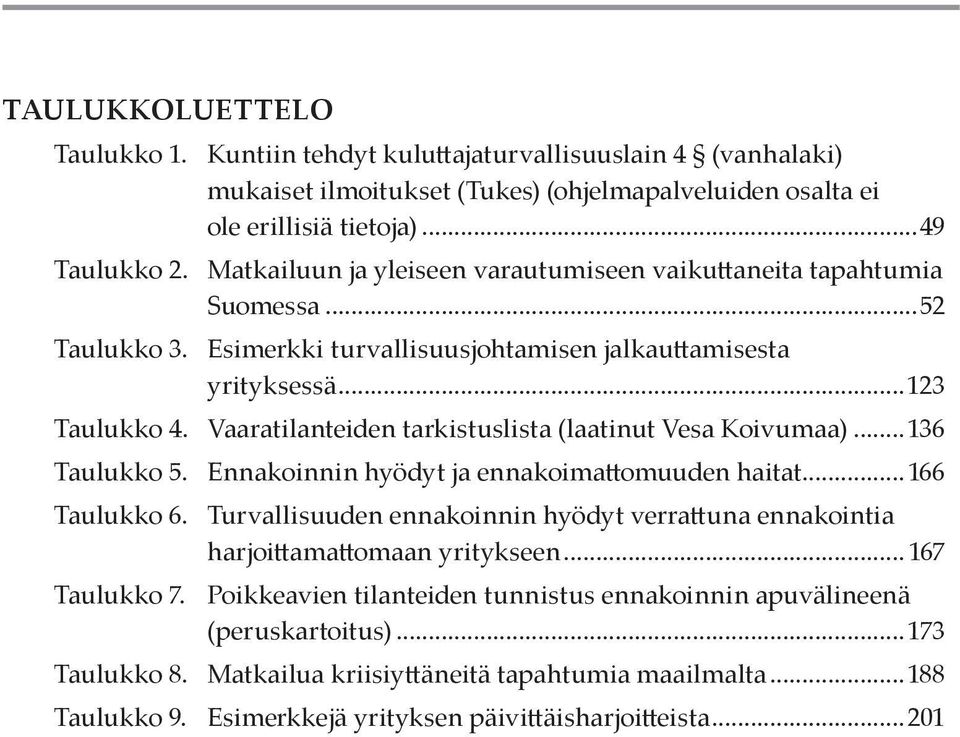 Vaaratilanteiden tarkistuslista (laatinut Vesa Koivumaa)...136 Taulukko 5. Ennakoinnin hyödyt ja ennakoimattomuuden haitat... 166 Taulukko 6.