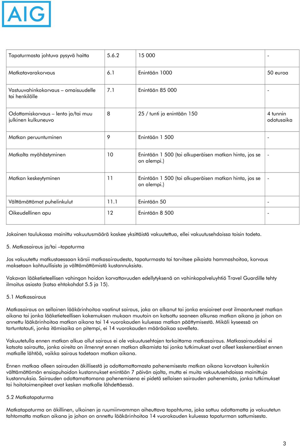 500 (tai alkuperäisen matkan hinta, jos se on alempi.) - Matkan keskeytyminen 11 Enintään 1 500 (tai alkuperäisen matkan hinta, jos se on alempi.) - Välttämättömat puhelinkulut 11.