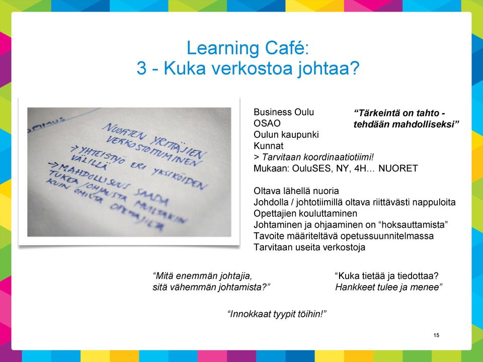 Mukaan: OuluSES, NY, 4H NUORET Oltava lähellä nuoria Johdolla / johtotiimillä oltava riittävästi nappuloita Opettajien kouluttaminen