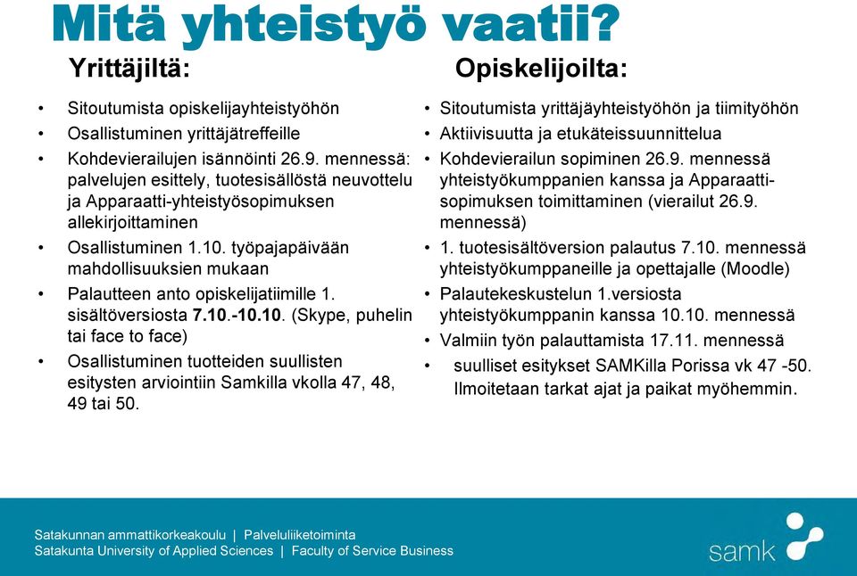 työpajapäivään mahdollisuuksien mukaan Palautteen anto opiskelijatiimille 1. sisältöversiosta 7.10.