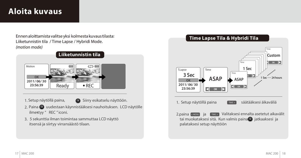 Lapse 3 Sec 2011/ 06/ 30 23:56:39 Time ASAP Time Time ASAP 1 Sec 1 Sec... 24 hours 1. Setup näytöllä paina, Siirry esikatselu näyttöön. 2. Paina uudestaan käynnistääksesi nauhoituksen.