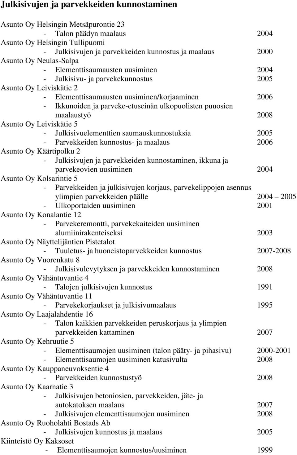 parveke-etuseinän ulkopuolisten puuosien maalaustyö 2008 Asunto Oy Leiviskätie 5 - Julkisivuelementtien saumauskunnostuksia 2005 - Parvekkeiden kunnostus- ja maalaus 2006 Asunto Oy Käärtipolku 2 -