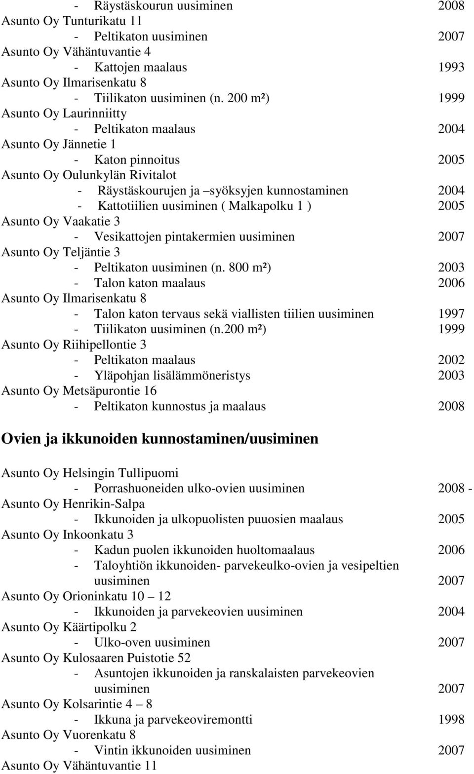 Malkapolku 1 ) 2005 Asunto Oy Vaakatie 3 - Vesikattojen pintakermien uusiminen 2007 - Peltikaton uusiminen (n.