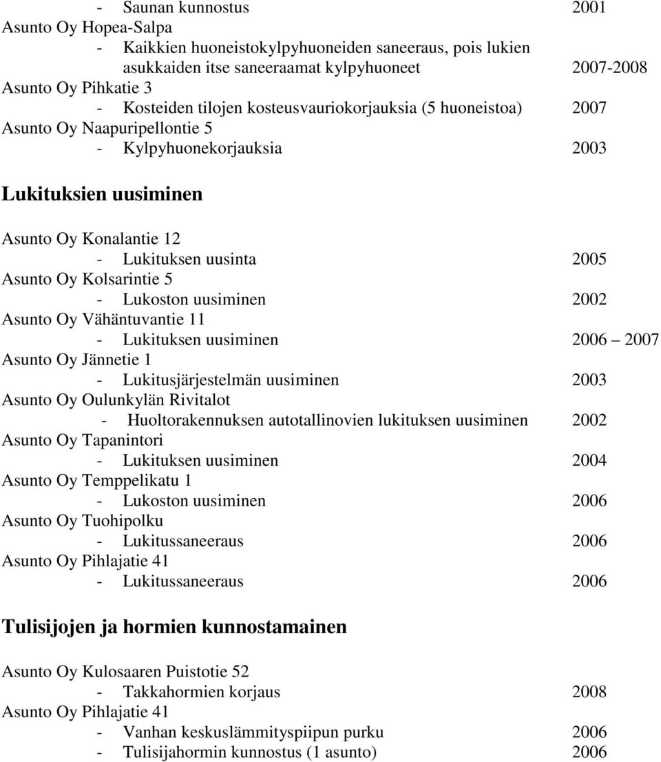 - Lukituksen uusiminen 2006 2007 - Lukitusjärjestelmän uusiminen 2003 Asunto Oy Oulunkylän Rivitalot - Huoltorakennuksen autotallinovien lukituksen uusiminen 2002 Asunto Oy Tapanintori - Lukituksen