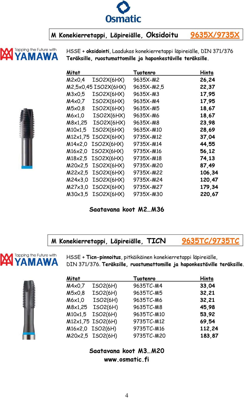 18,67 M8x1,25 ISO2X(6HX) 9635X-M8 23,98 M10x1,5 ISO2X(6HX) 9635X-M10 28,69 M12x1,75 ISO2X(6HX) 9735X-M12 37,04 M14x2,0 ISO2X(6HX) 9735X-M14 44,55 M16x2,0 ISO2X(6HX) 9735X-M16 56,12 M18x2,5 ISO2X(6HX)