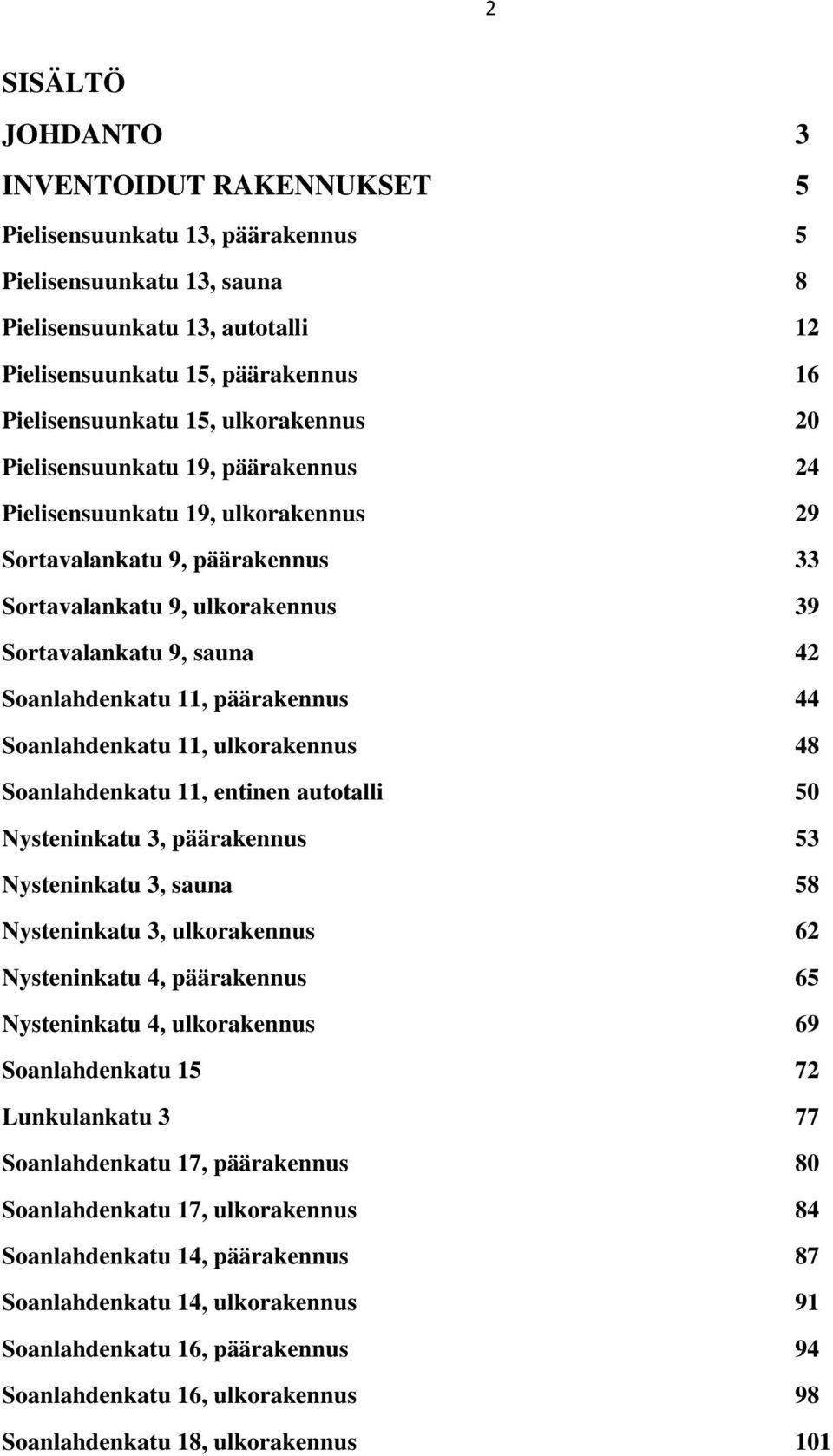 Soanlahdenkatu 11, päärakennus 44 Soanlahdenkatu 11, ulkorakennus 48 Soanlahdenkatu 11, entinen autotalli 50 Nysteninkatu 3, päärakennus 53 Nysteninkatu 3, sauna 58 Nysteninkatu 3, ulkorakennus 62