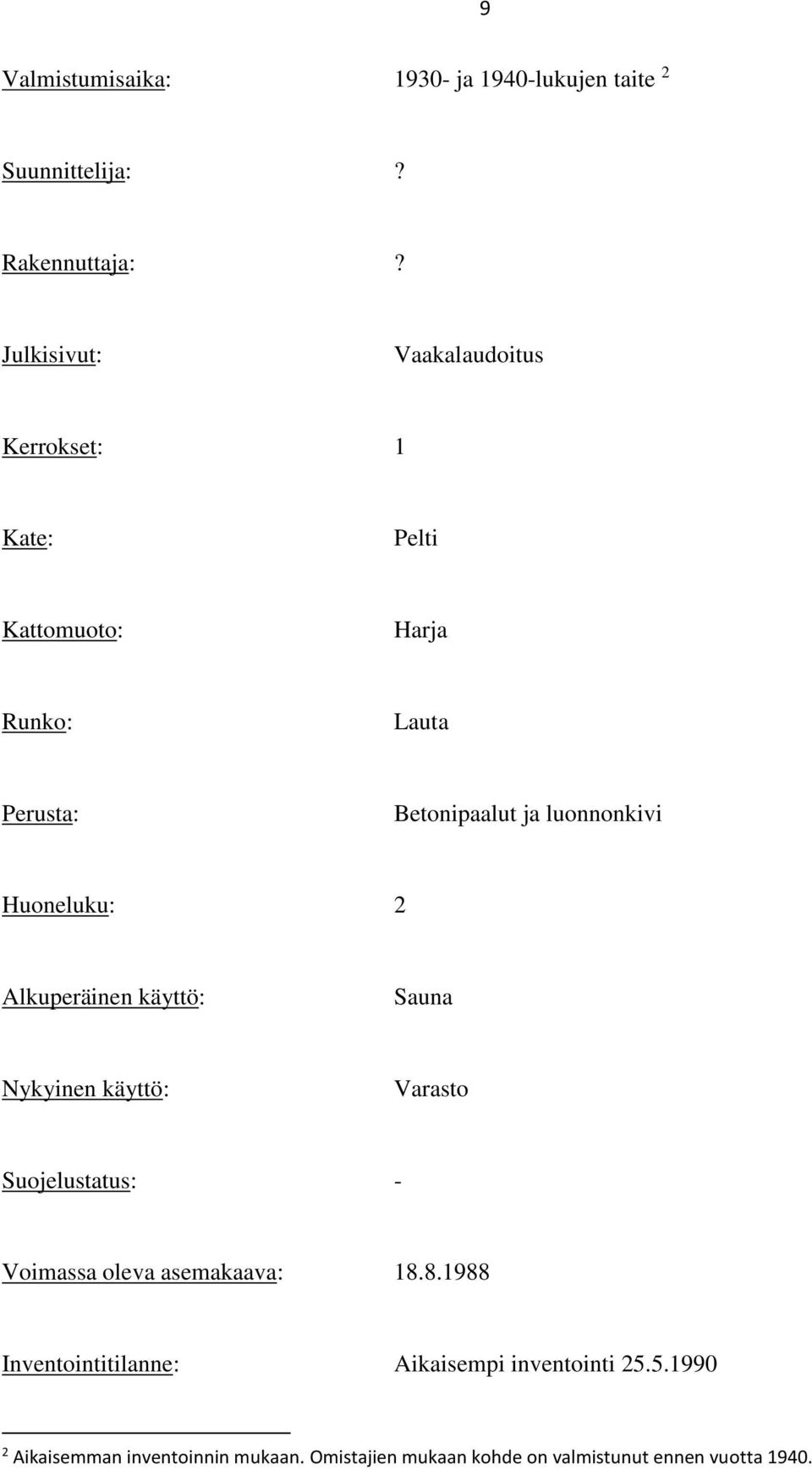 luonnonkivi Huoneluku: 2 Alkuperäinen käyttö: Sauna Nykyinen käyttö: Varasto Suojelustatus: - Voimassa oleva