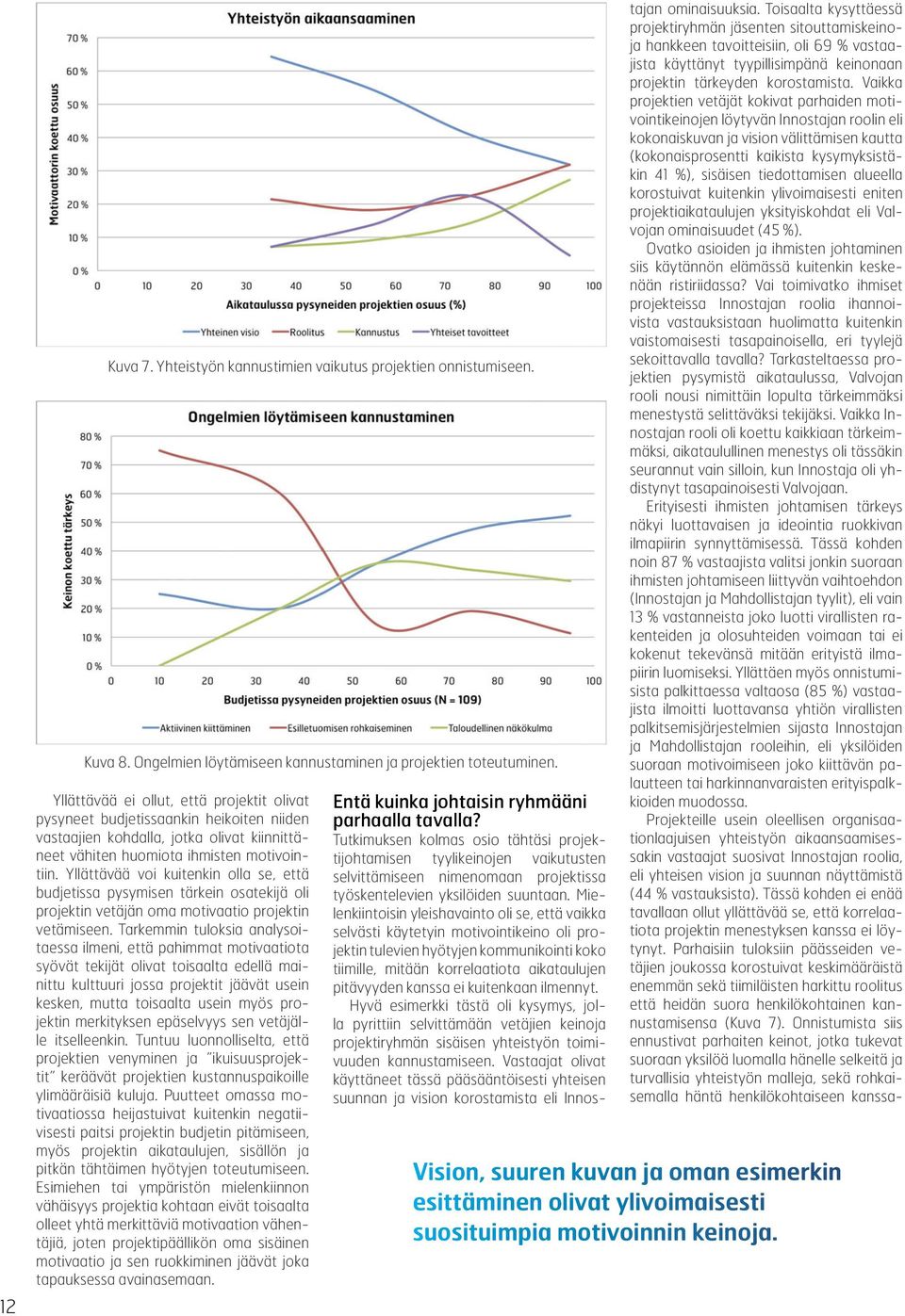 Yllättävää voi kuitenkin olla se, että budjetissa pysymisen tärkein osatekijä oli projektin vetäjän oma motivaatio projektin vetämiseen.