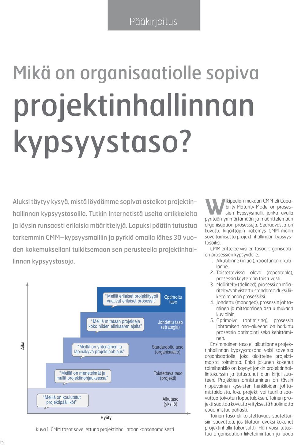 Lopuksi päätin tutustua tarkemmin CMM kypsyysmalliin ja pyrkiä omalla lähes 30 vuoden kokemuksellani tulkitsemaan sen perusteella projektinhallinnan kypsyystasoja.