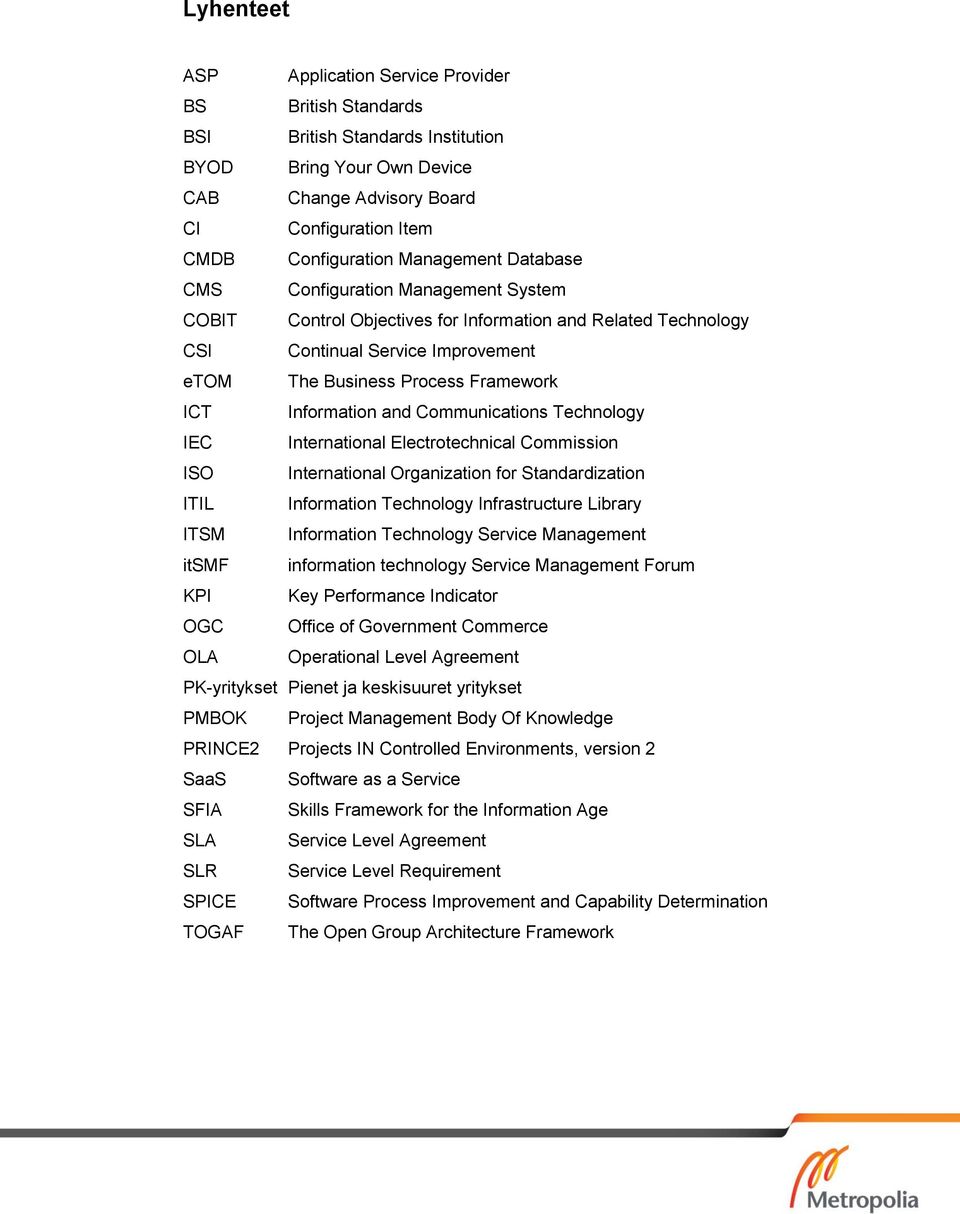 Information and Communications Technology IEC International Electrotechnical Commission ISO International Organization for Standardization ITIL Information Technology Infrastructure Library ITSM