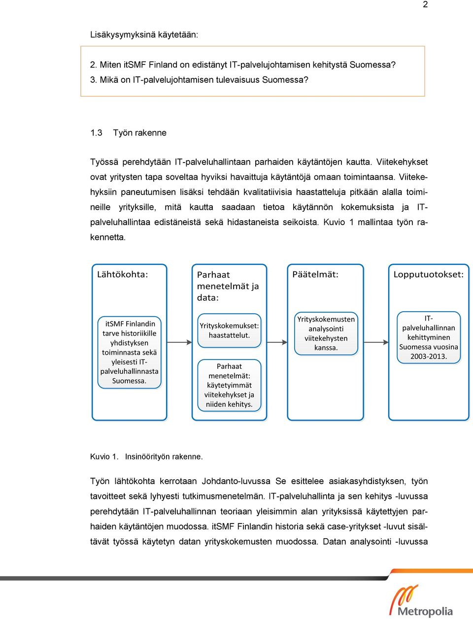 Viitekehyksiin paneutumisen lisäksi tehdään kvalitatiivisia haastatteluja pitkään alalla toimineille yrityksille, mitä kautta saadaan tietoa käytännön kokemuksista ja ITpalveluhallintaa edistäneistä