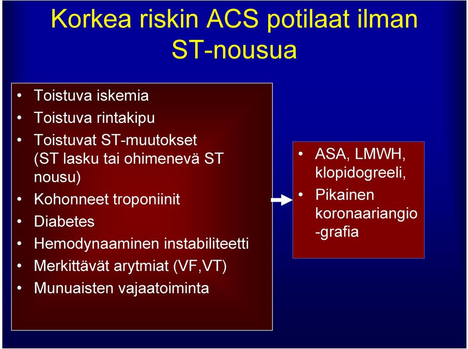 troponiinit Diabetes Hemodynaaminen instabiliteetti Merkittävät arytmiat