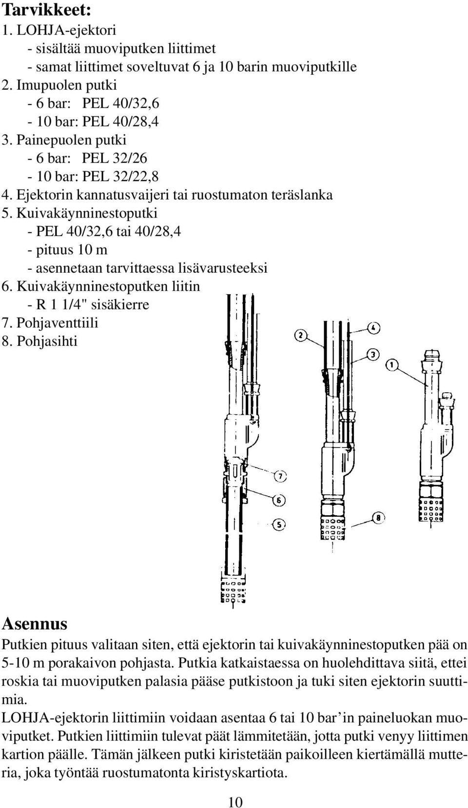 Kuivakäynninestoputki - PEL 40/32,6 tai 40/28,4 - pituus 10 m - asennetaan tarvittaessa lisävarusteeksi 6. Kuivakäynninestoputken liitin - R 1 1/4" sisäkierre 7. Pohjaventtiili 8.