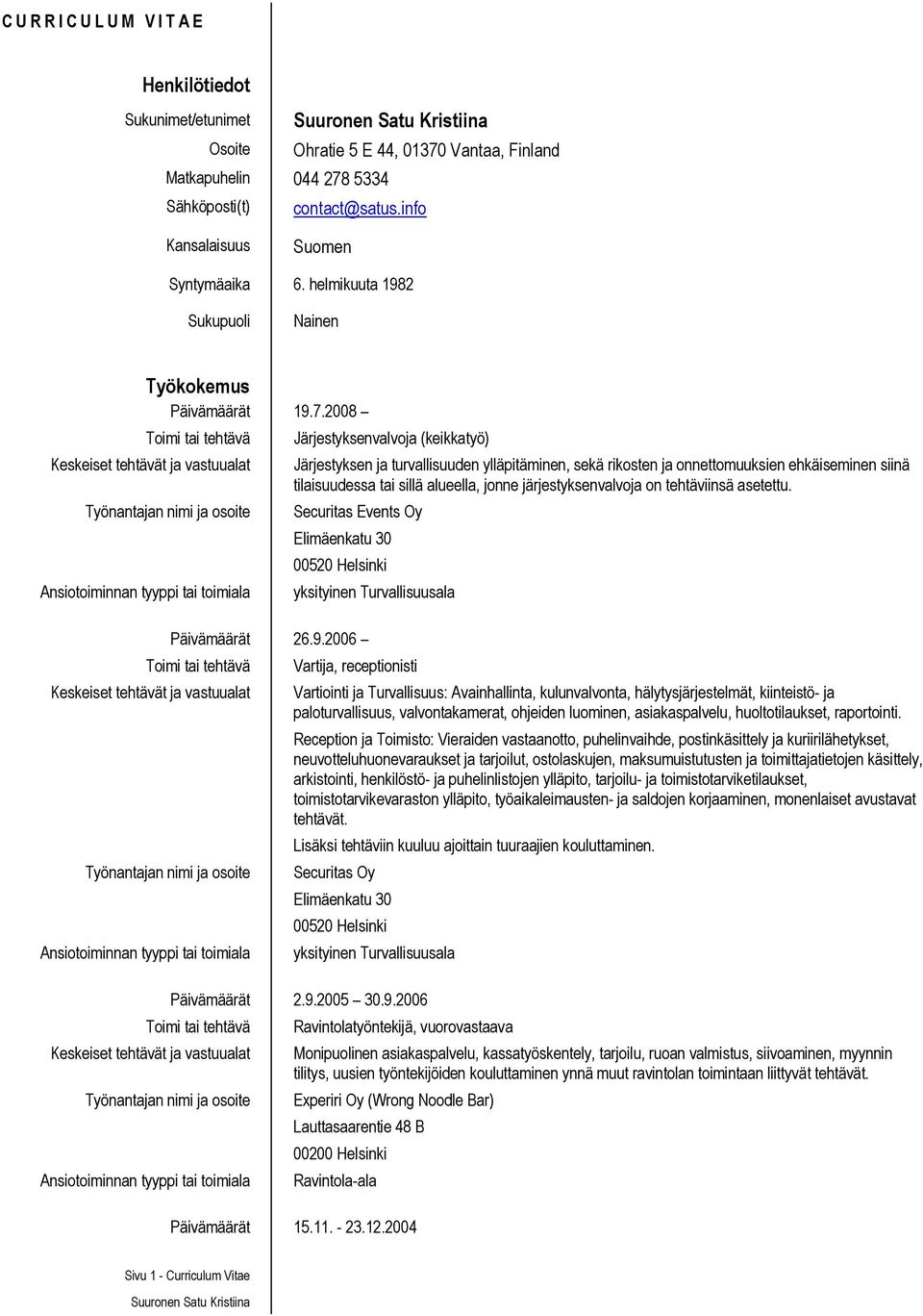 2008 Toimi tai tehtävä Järjestyksenvalvoja (keikkatyö) Keskeiset tehtävät ja vastuualat Järjestyksen ja turvallisuuden ylläpitäminen, sekä rikosten ja onnettomuuksien ehkäiseminen siinä tilaisuudessa