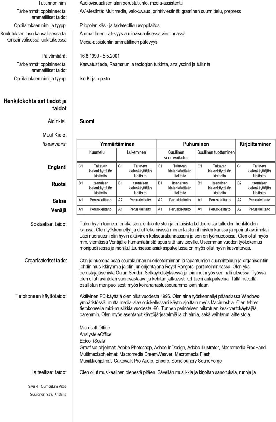 Media-assistentin ammatillinen pätevyys Päivämäärät 16.8.1999-5.