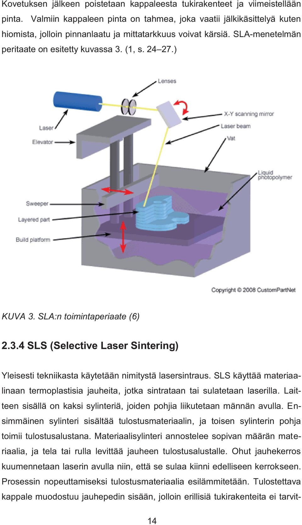 ) KUVA 3. SLA:n toimintaperiaate (6) 2.3.4 SLS (Selective Laser Sintering) Yleisesti tekniikasta käytetään nimitystä lasersintraus.
