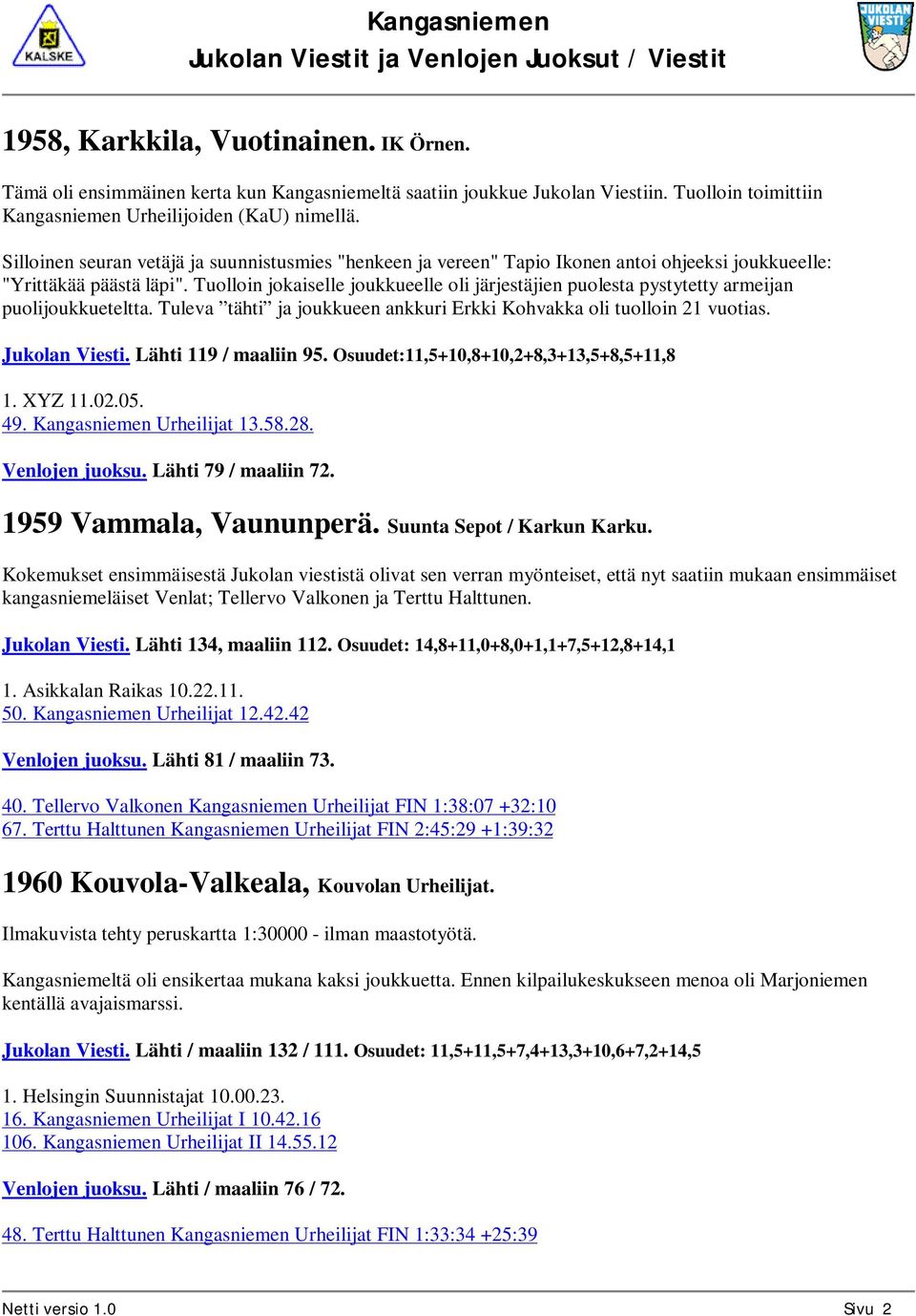 Tuolloin jokaiselle joukkueelle oli järjestäjien puolesta pystytetty armeijan puolijoukkueteltta. Tuleva tähti ja joukkueen ankkuri Erkki Kohvakka oli tuolloin 21 vuotias. Jukolan Viesti.