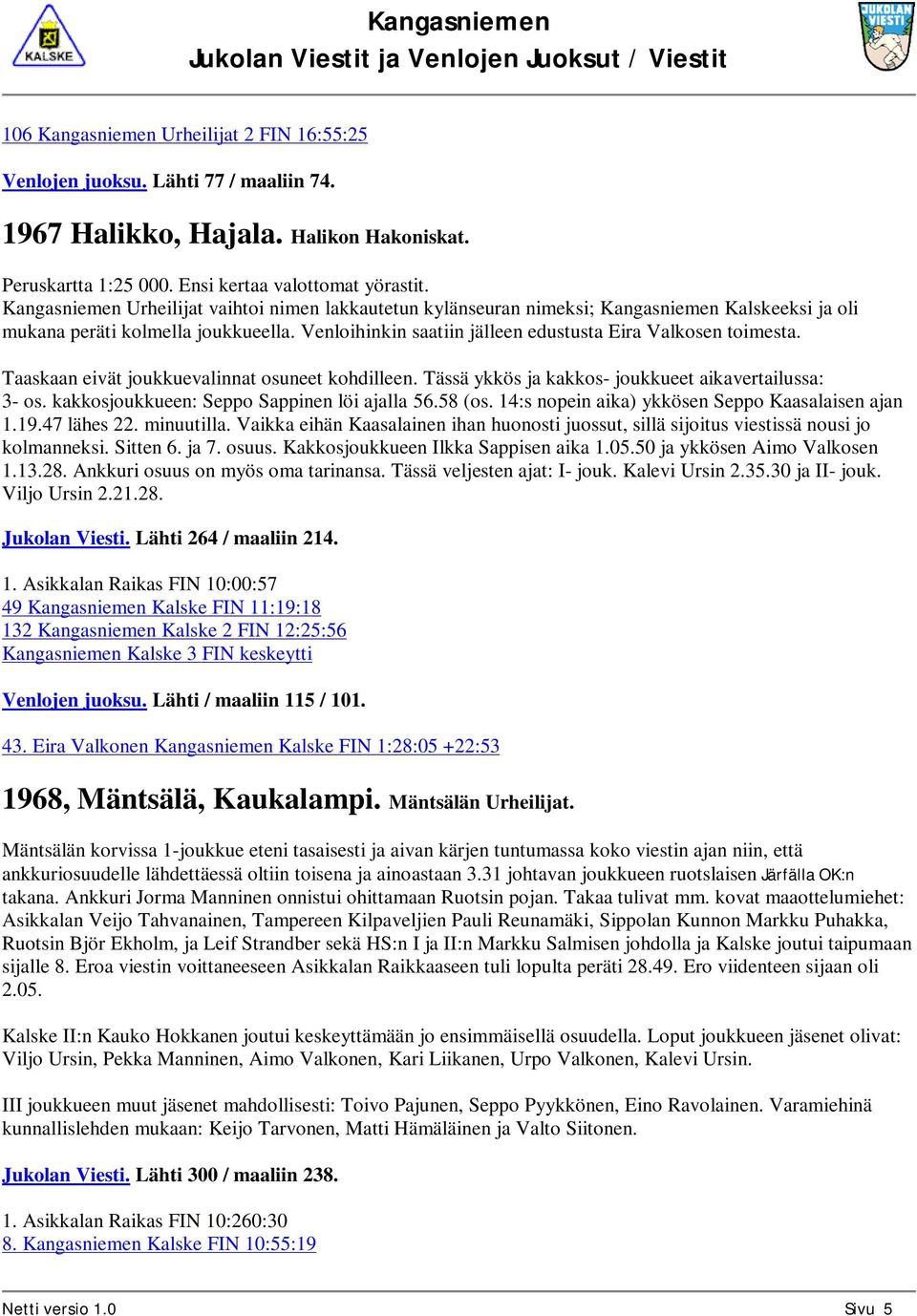Taaskaan eivät joukkuevalinnat osuneet kohdilleen. Tässä ykkös ja kakkos- joukkueet aikavertailussa: 3- os. kakkosjoukkueen: Seppo Sappinen löi ajalla 56.58 (os.