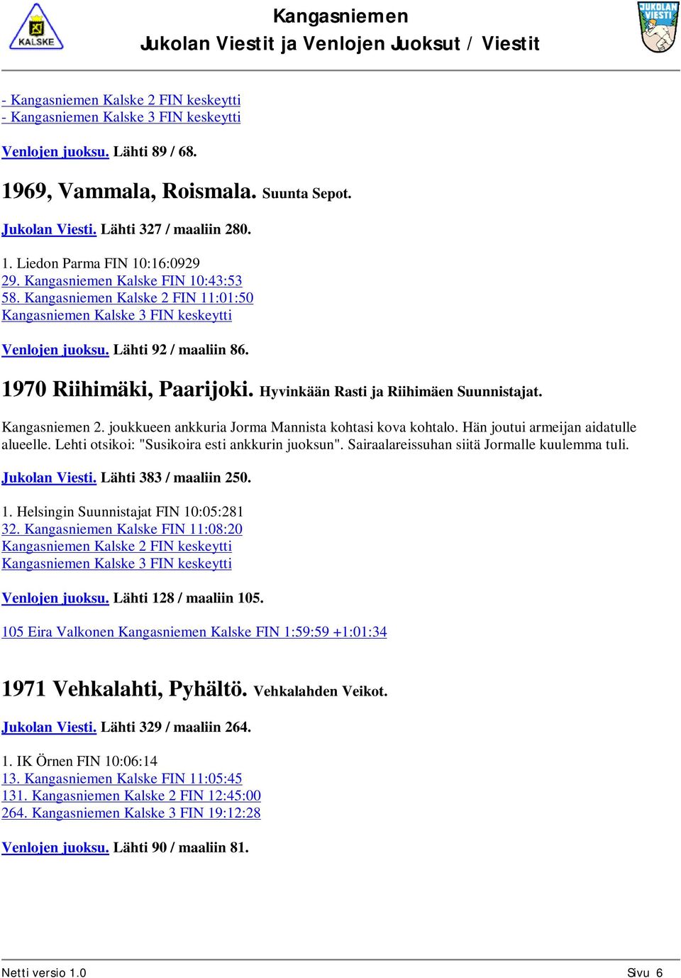 Hyvinkään Rasti ja Riihimäen Suunnistajat. Kangasniemen 2. joukkueen ankkuria Jorma Mannista kohtasi kova kohtalo. Hän joutui armeijan aidatulle alueelle.