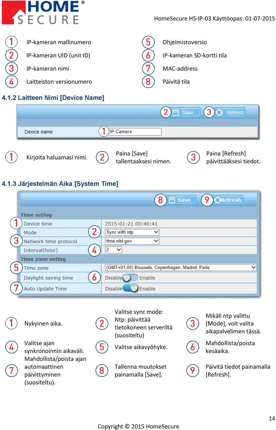 3 Järjestelmän Aika [System Time] Nykyinen aika. Valitse ajan synkronoinnin aikaväli. Mahdollista/poista ajan automaattinen päivittyminen (suositeltu).