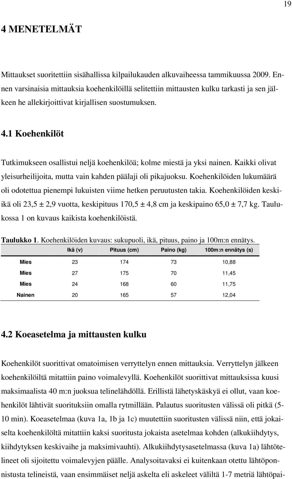 1 Koehenkilöt Tutkimukseen osallistui neljä koehenkilöä; kolme miestä ja yksi nainen. Kaikki olivat yleisurheilijoita, mutta vain kahden päälaji oli pikajuoksu.