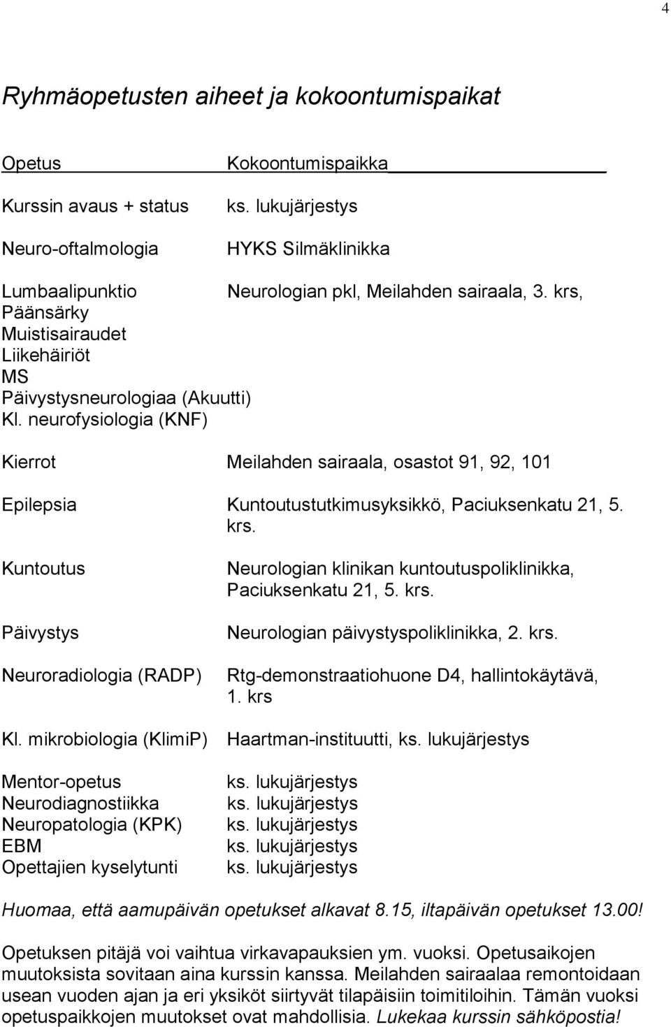 neurofysiologia (KNF) Kierrot Meilahden sairaala, osastot 91, 92, 101 Epilepsia Kuntoutustutkimusyksikkö, Paciuksenkatu 21, 5. krs.