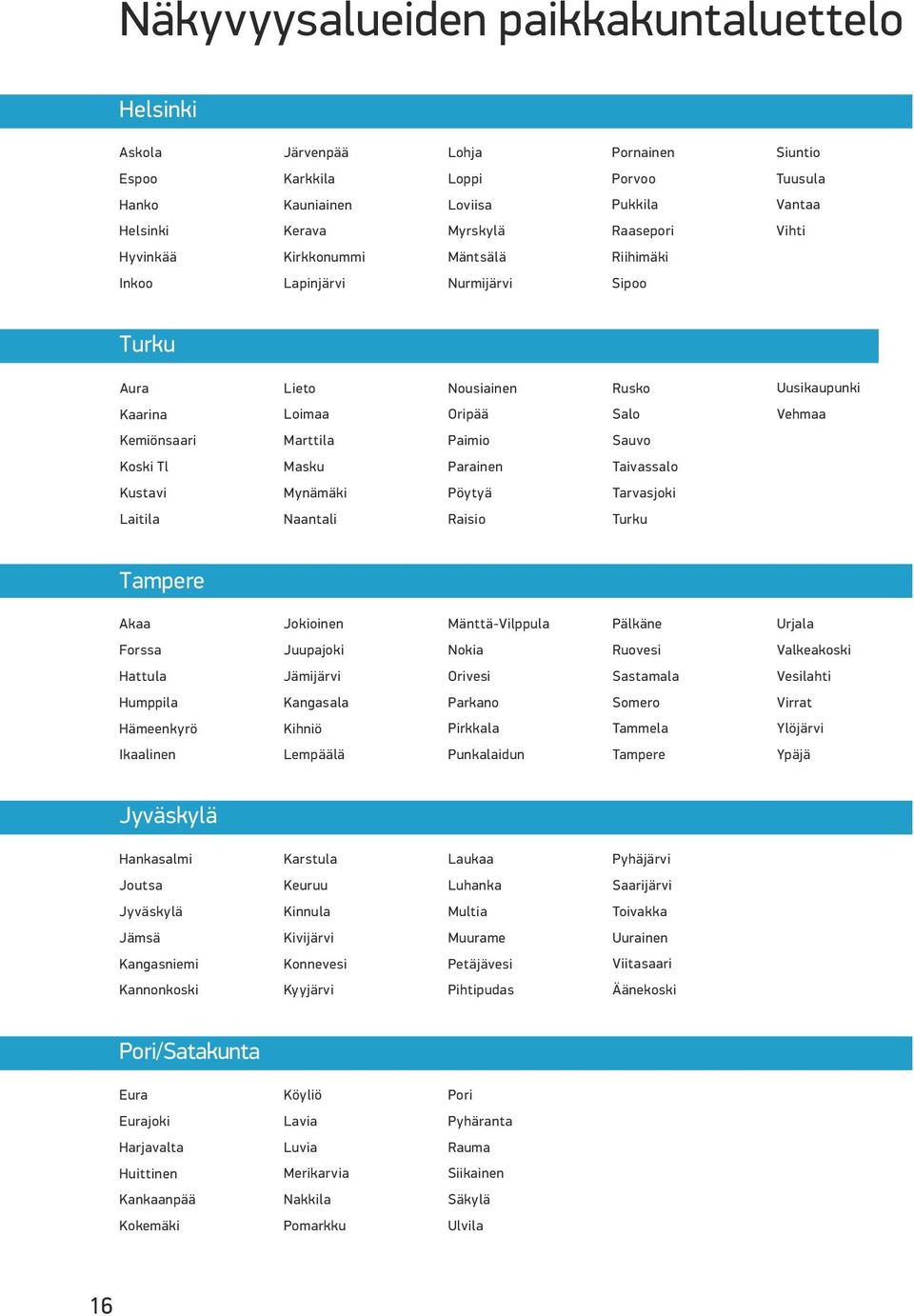 Paimio Parainen Pöytyä Raisio Rusko Salo Sauvo Taivassalo Tarvasjoki Turku Uusikaupunki Vehmaa Akaa Forssa Hattula Humppila Hämeenkyrö Ikaalinen Jokioinen Juupajoki Jämijärvi Kangasala Kihniö