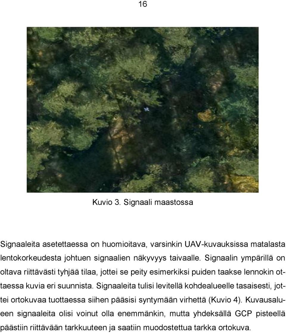 taivaalle. Signaalin ympärillä on oltava riittävästi tyhjää tilaa, jottei se peity esimerkiksi puiden taakse lennokin ottaessa kuvia eri suunnista.