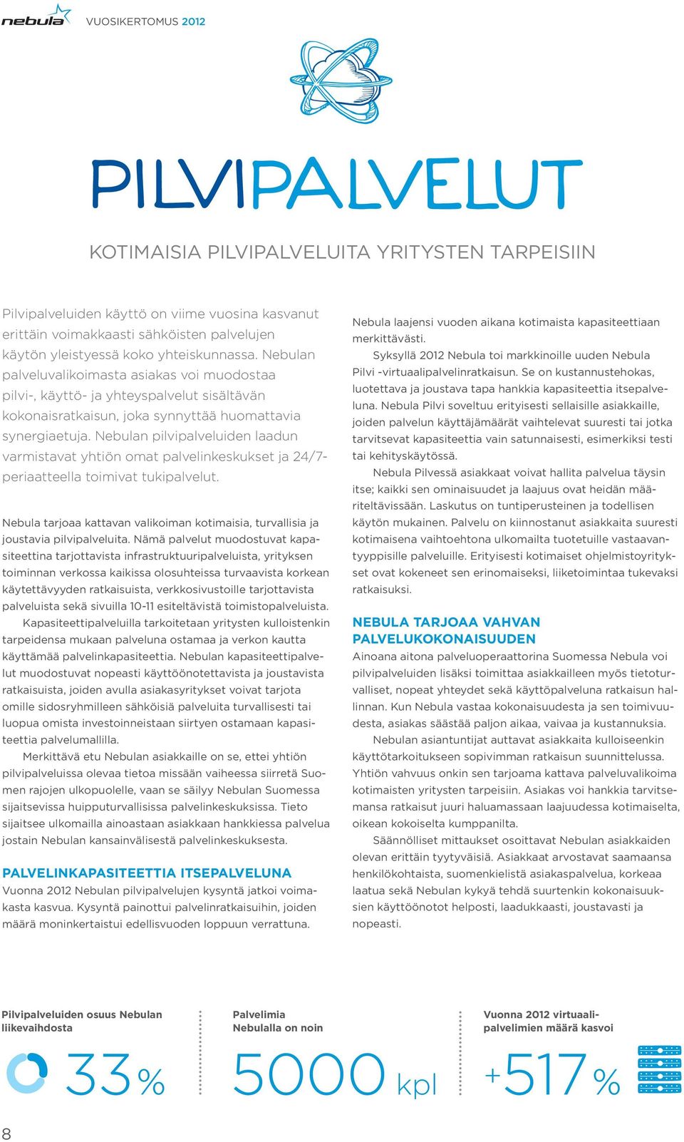 Nebulan pilvipalveluiden laadun varmistavat yhtiön omat palvelinkeskukset ja 24/7- periaatteella toimivat tukipalvelut.