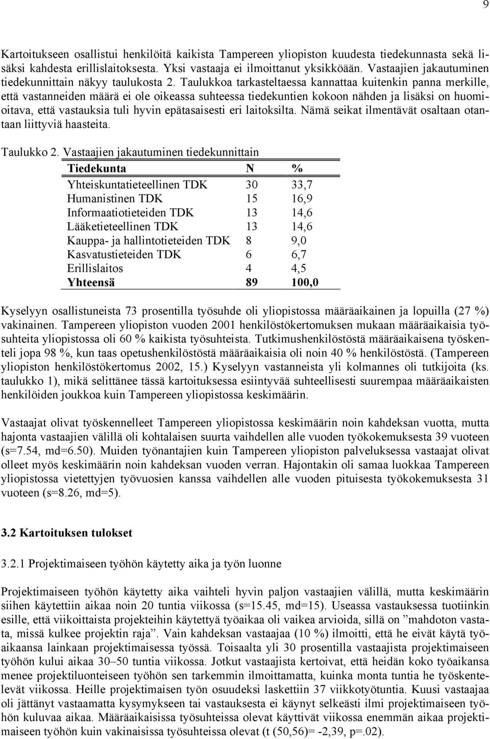 Taulukkoa tarkasteltaessa kannattaa kuitenkin panna merkille, että vastanneiden määrä ei ole oikeassa suhteessa tiedekuntien kokoon nähden ja lisäksi on huomioitava, että vastauksia tuli hyvin