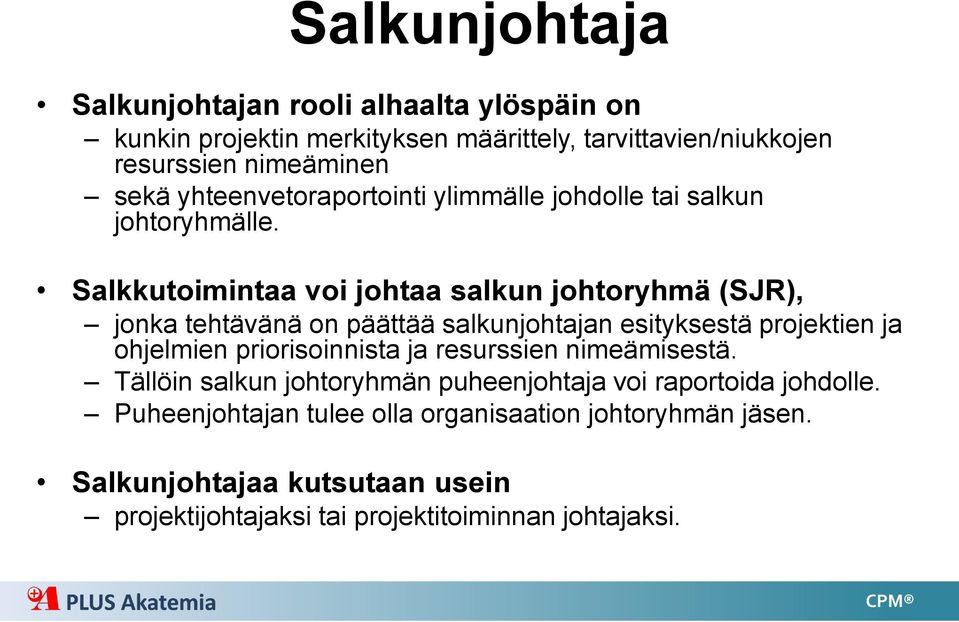 Salkkutoimintaa voi johtaa salkun johtoryhmä (SJR), jonka tehtävänä on päättää salkunjohtajan esityksestä projektien ja ohjelmien priorisoinnista ja