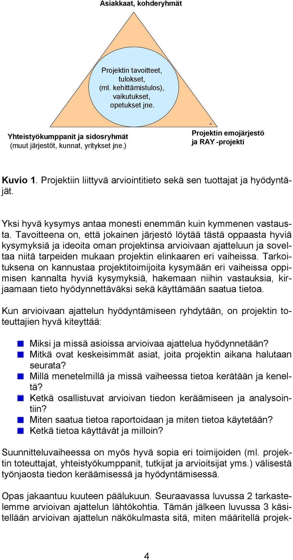 Tavoitteena on, että jokainen järjestö löytää tästä oppaasta hyviä kysymyksiä ja ideoita oman projektinsa arvioivaan ajatteluun ja soveltaa niitä tarpeiden mukaan projektin elinkaaren eri vaiheissa.