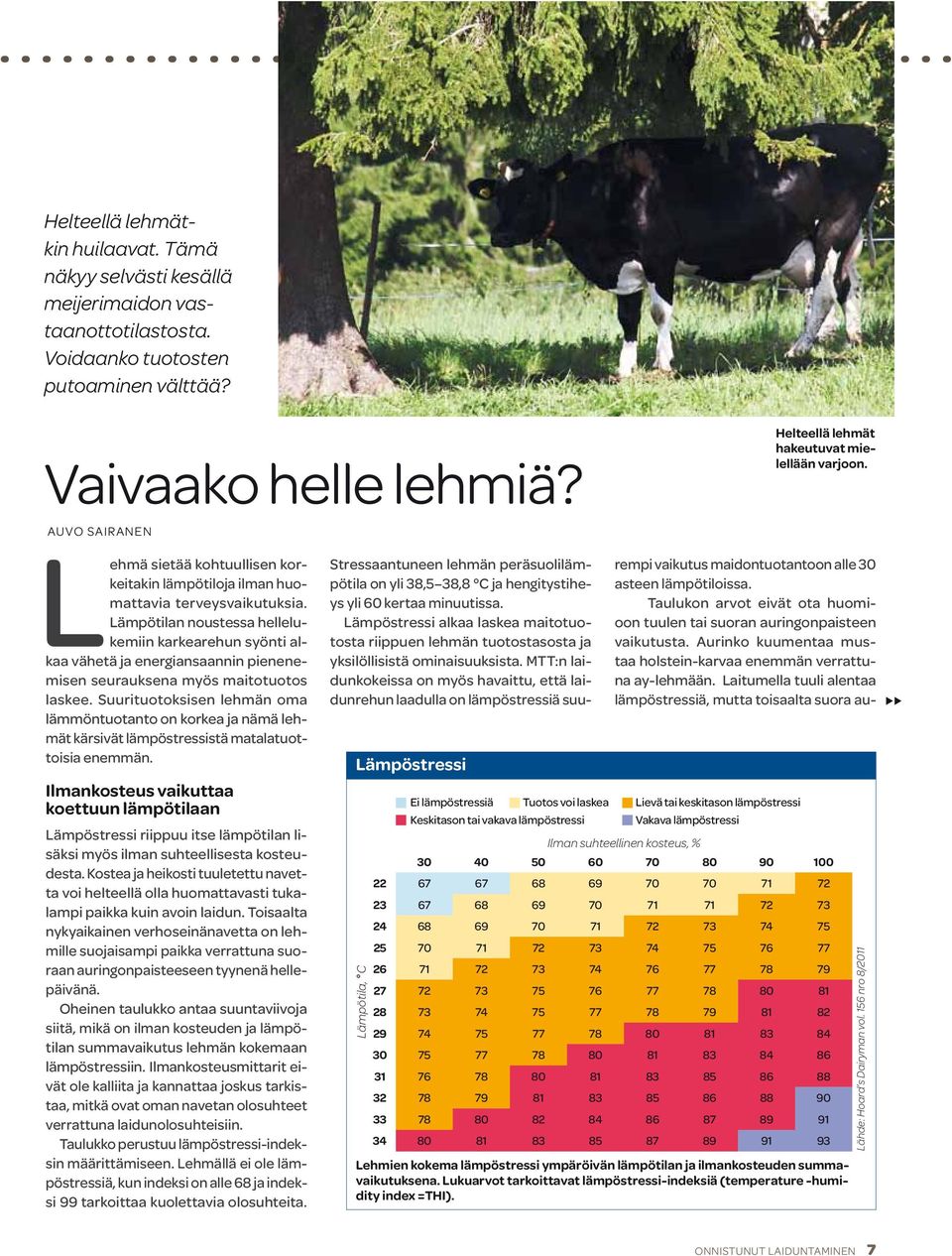 Lämpötilan noustessa hellelukemiin karkearehun syönti alkaa vähetä ja energiansaannin pienenemisen seurauksena myös maitotuotos laskee.