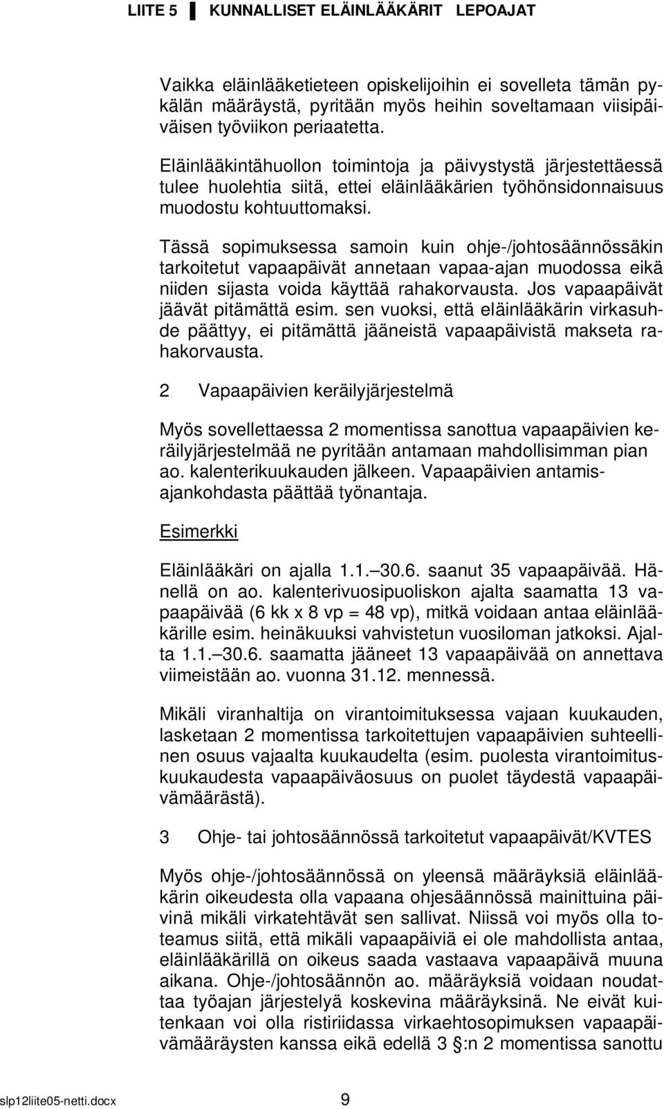 Tässä sopimuksessa samoin kuin ohje-/johtosäännössäkin tarkoitetut vapaapäivät annetaan vapaa-ajan muodossa eikä niiden sijasta voida käyttää rahakorvausta. Jos vapaapäivät jäävät pitämättä esim.