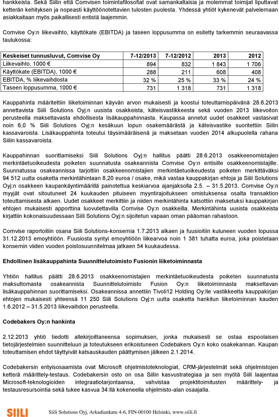 Comvise Oy:n liikevaihto, käyttökate (EBITDA) ja taseen loppusumma on esitetty tarkemmin seuraavassa taulukossa: Keskeiset tunnusluvut, Comvise Oy 7-12/2013 7-12/2012 2013 2012 Liikevaihto, 1000 894