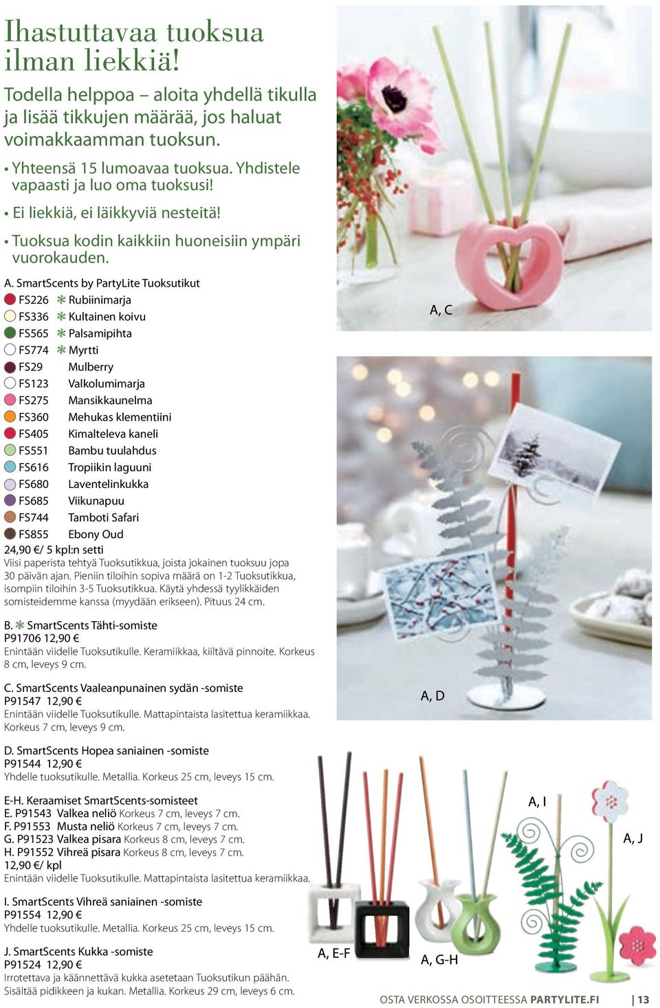 SmartScents by PartyLite Tuoksutikut FS226 Rubiinimarja FS336 Kultainen koivu FS565 Palsamipihta FS774 Myrtti FS29 Mulberry FS123 Valkolumimarja FS275 Mansikkaunelma FS360 Mehukas klementiini FS405