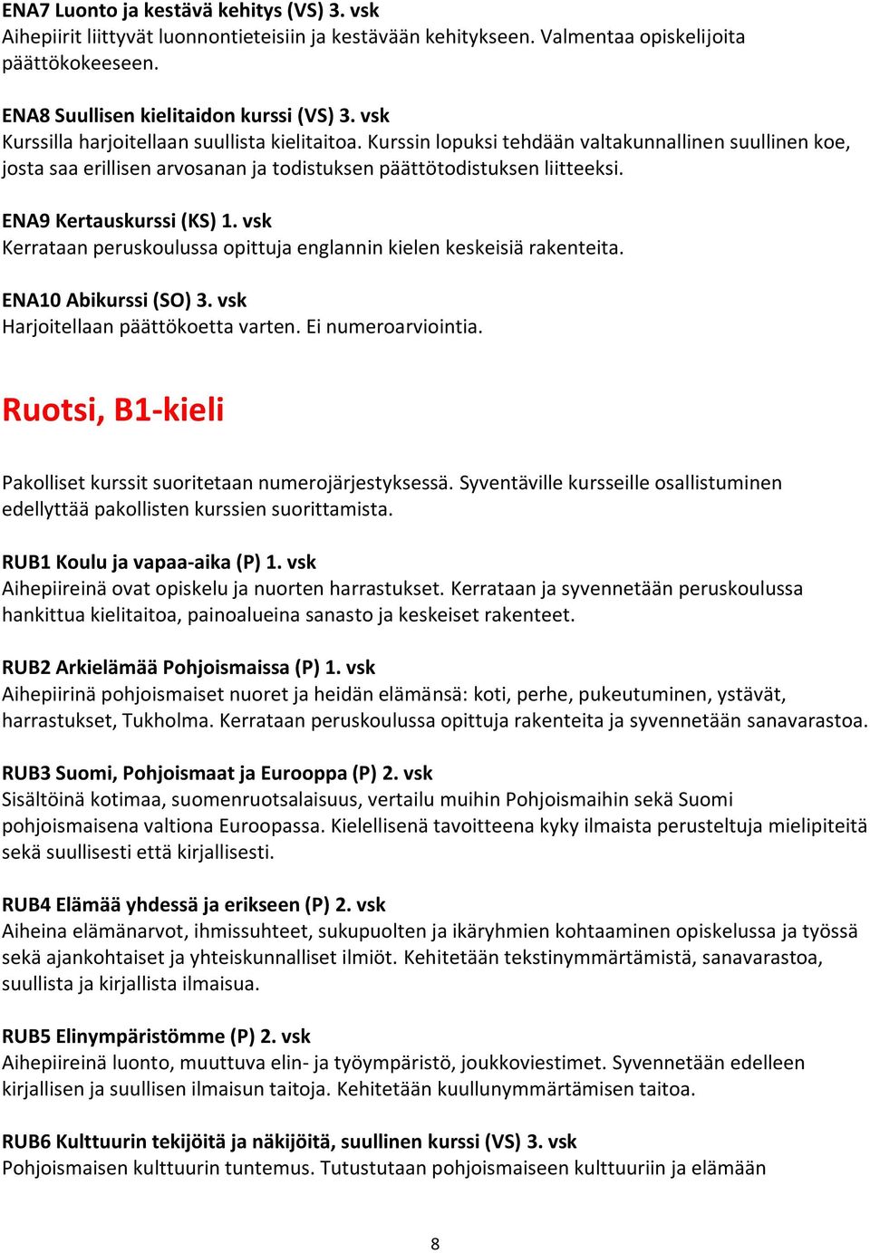 ENA9 Kertauskurssi (KS) 1. vsk Kerrataan peruskoulussa opittuja englannin kielen keskeisiä rakenteita. ENA10 Abikurssi (SO) 3. vsk Harjoitellaan päättökoetta varten. Ei numeroarviointia.