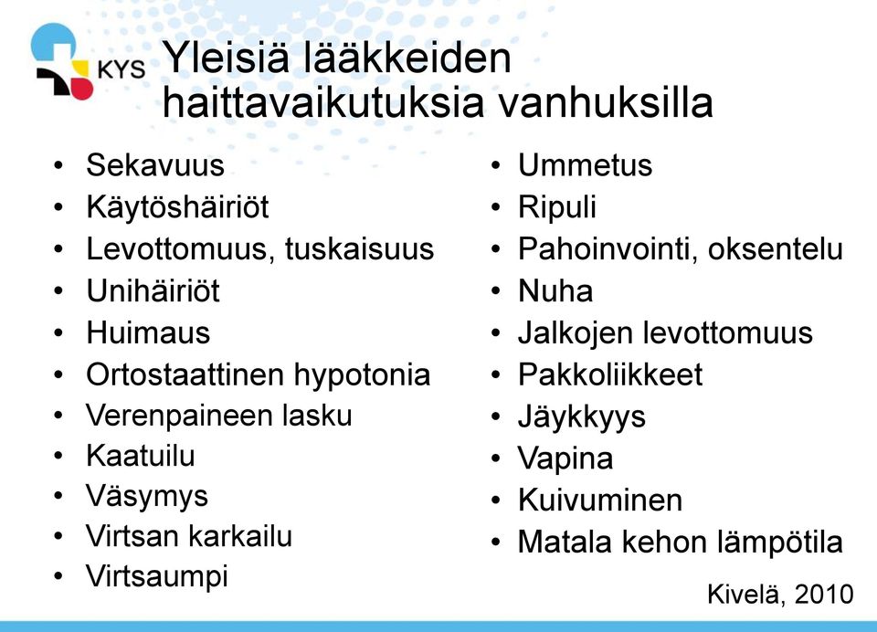 Väsymys Virtsan karkailu Virtsaumpi Ummetus Ripuli Pahoinvointi, oksentelu Nuha