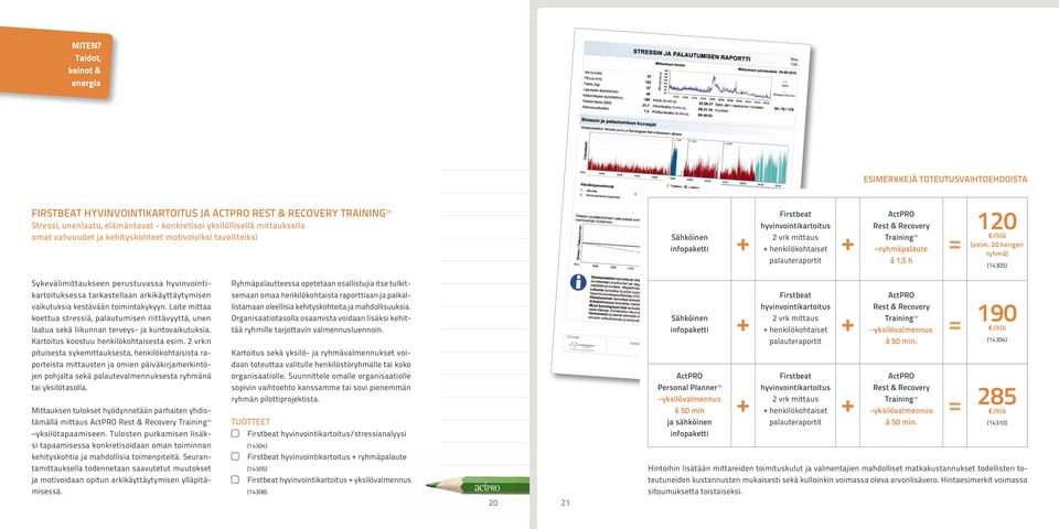 omat vahvuudet ja kehityskohteet motivoiviksi tavoitteiksi Sähköinen infopaketti + Firstbeat hyvinvointikartoitus 2 vrk mittaus + henkilökohtaiset palauteraportit + ActPRO Rest & Recovery Training