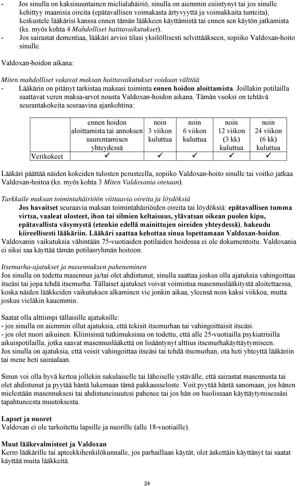 - Jos sairastat dementiaa, lääkäri arvioi tilasi yksilöllisesti selvittääkseen, sopiiko Valdoxan-hoito sinulle.