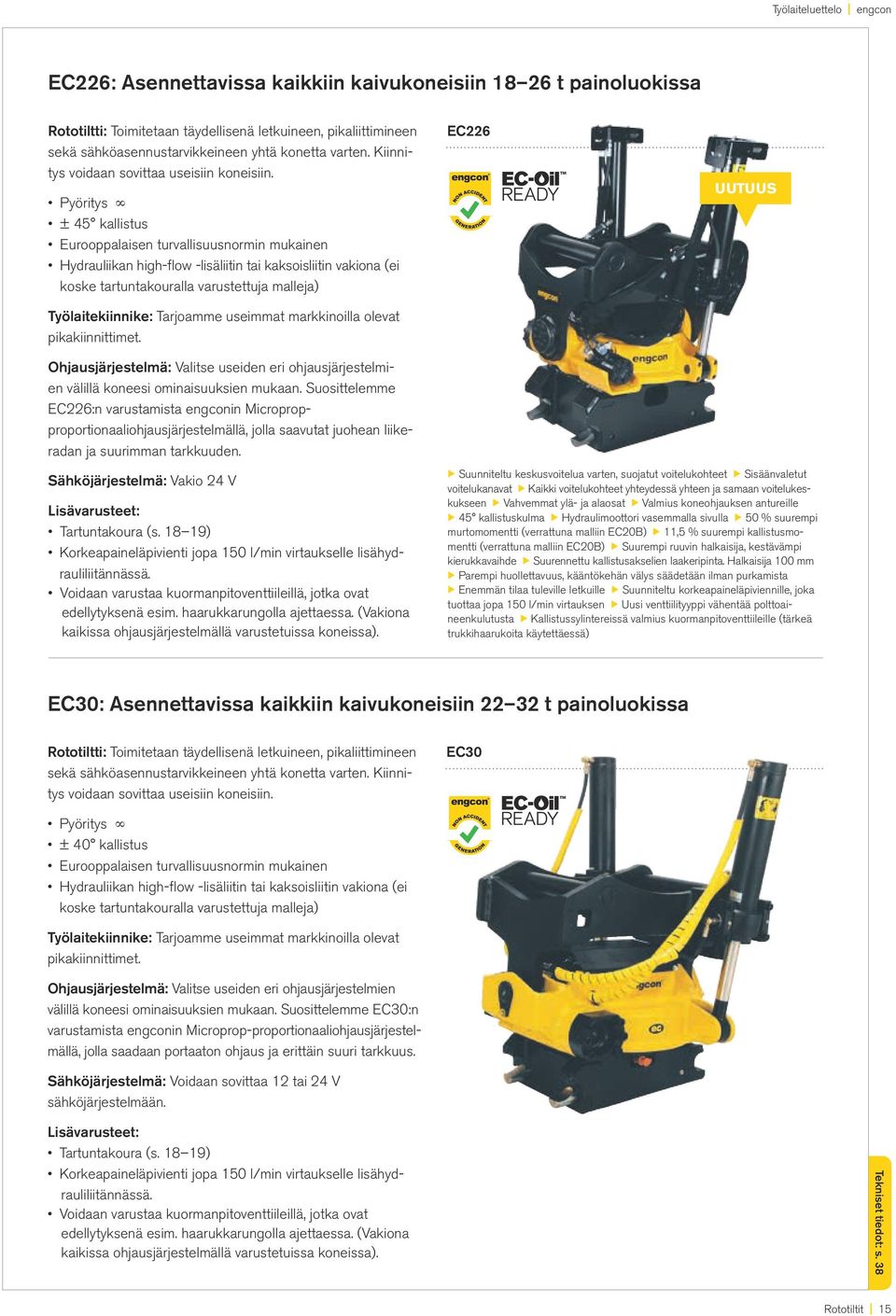 Pyöritys ± 45 kallistus Eurooppalaisen turvallisuusnormin mukainen Hydrauliikan high-flow -lisäliitin tai kaksoisliitin vakiona (ei koske tartuntakouralla varustettuja malleja) EC226 UUTUUS