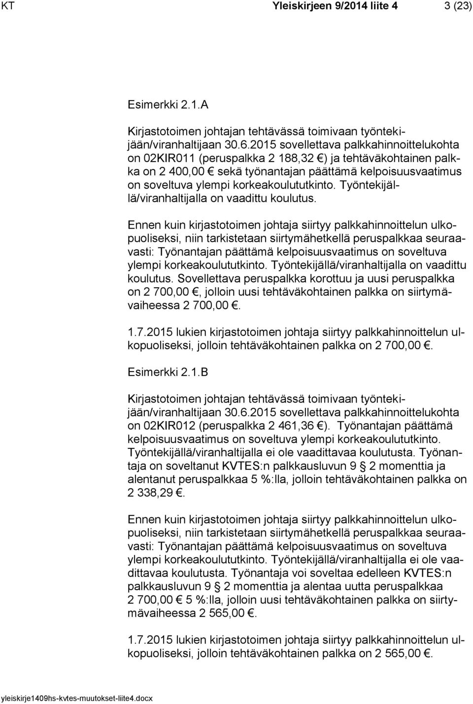 A Kirjastotoimen johtajan tehtävässä toimivaan työntekijään/viranhaltijaan on 02KIR011 (peruspalkka 2 188,32 ) ja tehtäväkohtainen palkka on 2 400,00 sekä työnantajan päättämä kelpoisuusvaatimus on