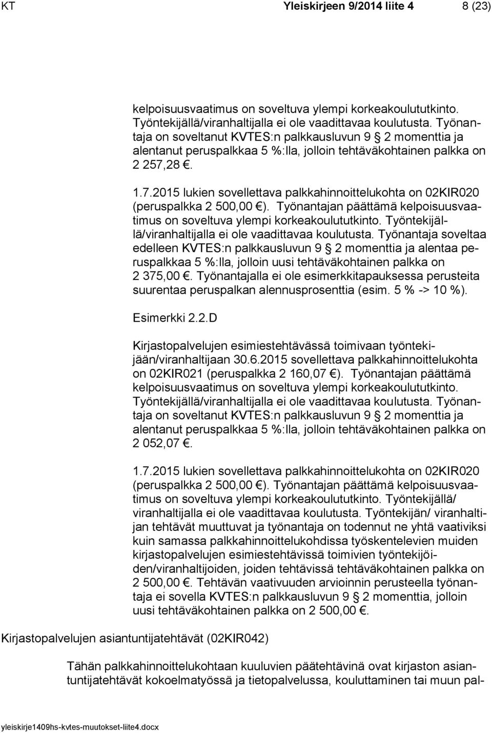 28. 1.7.2015 lukien sovellettava palkkahinnoittelukohta on 02KIR020 (peruspalkka 2 500,00 ). Työnantajan päättämä kelpoisuusvaatimus on soveltuva ylempi korkeakoulututkinto.