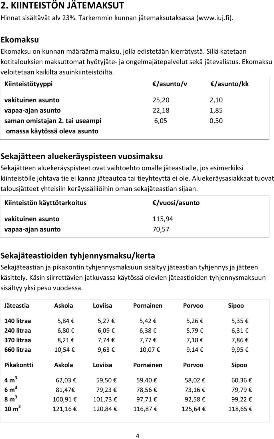 Kiinteistötyyppi /asunto/v /asunto/kk vakituinen asunto 25,20 2,10 vapaa-ajan asunto 22,18 1,85 saman omistajan 2.