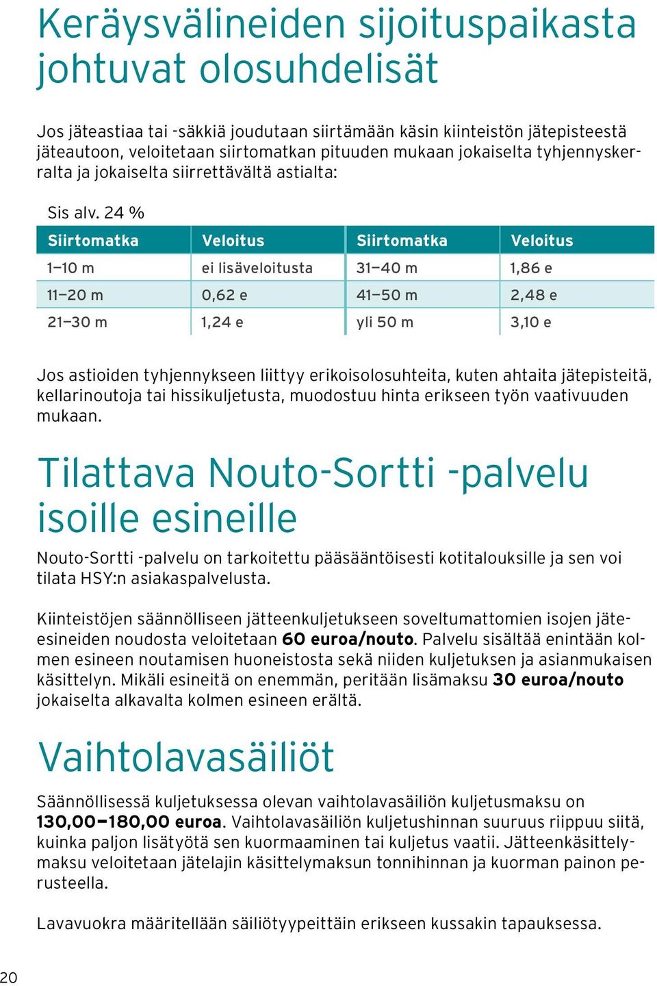 24 % Siirtomatka Veloitus Siirtomatka Veloitus 1 10 m ei lisäveloitusta 31 40 m 1,86 e 11 20 m 0,62 e 41 50 m 2,48 e 21 30 m 1,24 e yli 50 m 3,10 e Jos astioiden tyhjennykseen liittyy