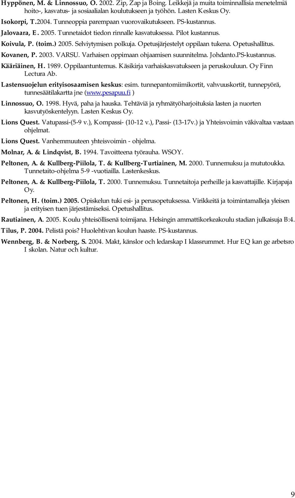 Opetusjärjestelyt oppilaan tukena. Opetushallitus. Kovanen, P. 2003. VARSU. Varhaisen oppimaan ohjaamisen suunnitelma. Johdanto.PS-kustannus. Kääriäinen, H. 1989. Oppilaantuntemus.